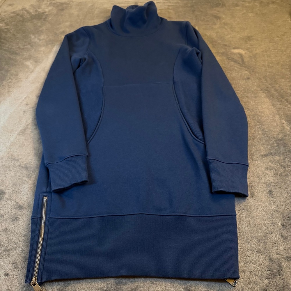 Athleta Cozy Karma Funnel Neck Dress Navy Blue Fleece Lined Side Zip Womens XS